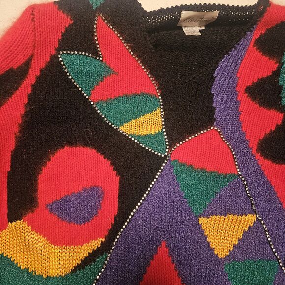 CHRISTINE Wool Vintage Colorful Abstract Colorblock Rhinestone Knit Sweater L - Picture 6 of 11